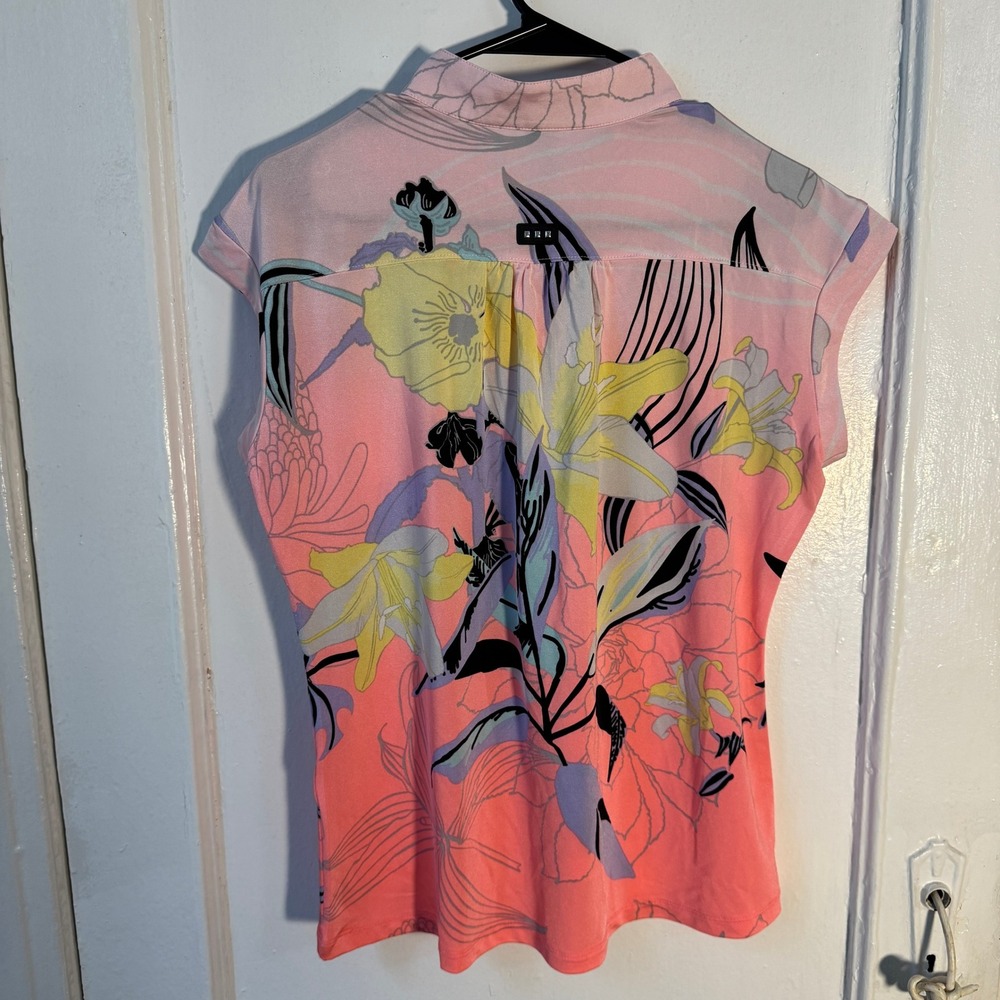 Jamie Sadock Pink Floral Quarter Zip Golf Polo Sleeveless Top M Neon Retro Y2K - Picture 5 of 6